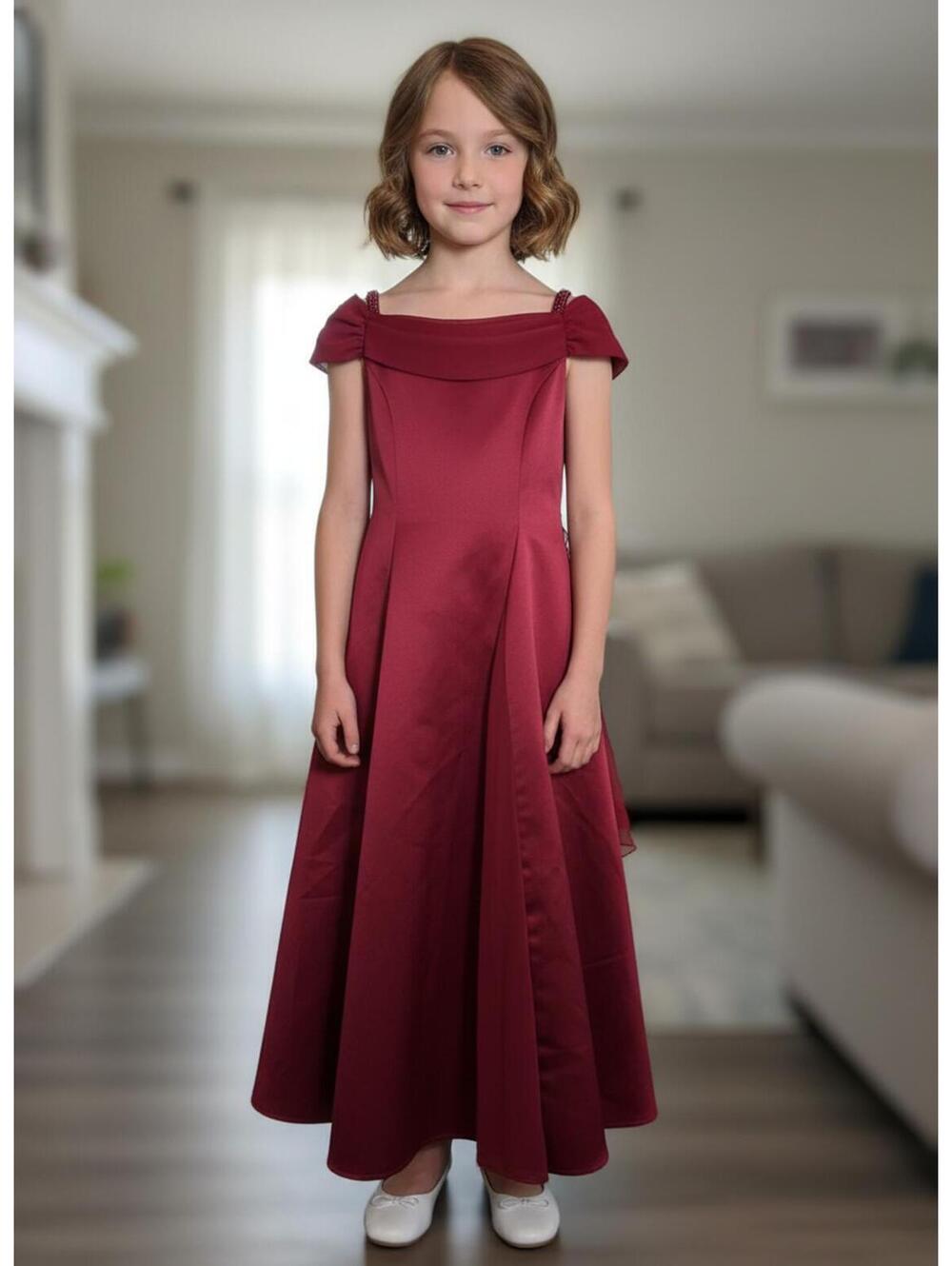 Jenny Annie Dots Girls Burgundy Formal Dress with Draped Neckline SZ 10